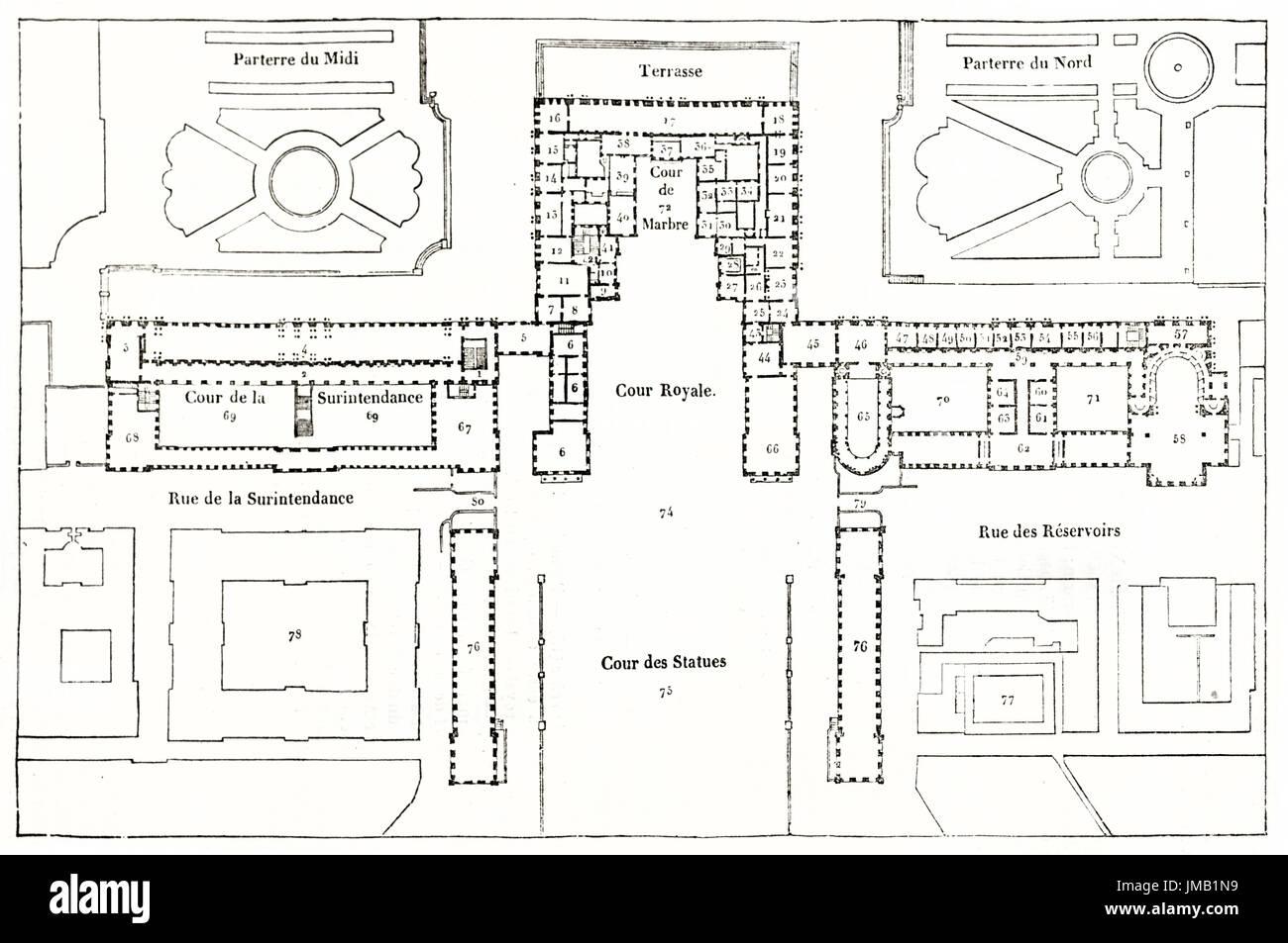 Old plan of Versailles palace. By unidentified author, published on Magasin Pittoresque, Paris, 1837. Stock Photo
