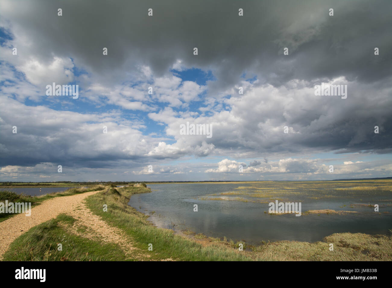 View over Keyhaven coastal marshes, an important overwintering site for birds in Hampshire, UK, with storm clouds approaching Stock Photo