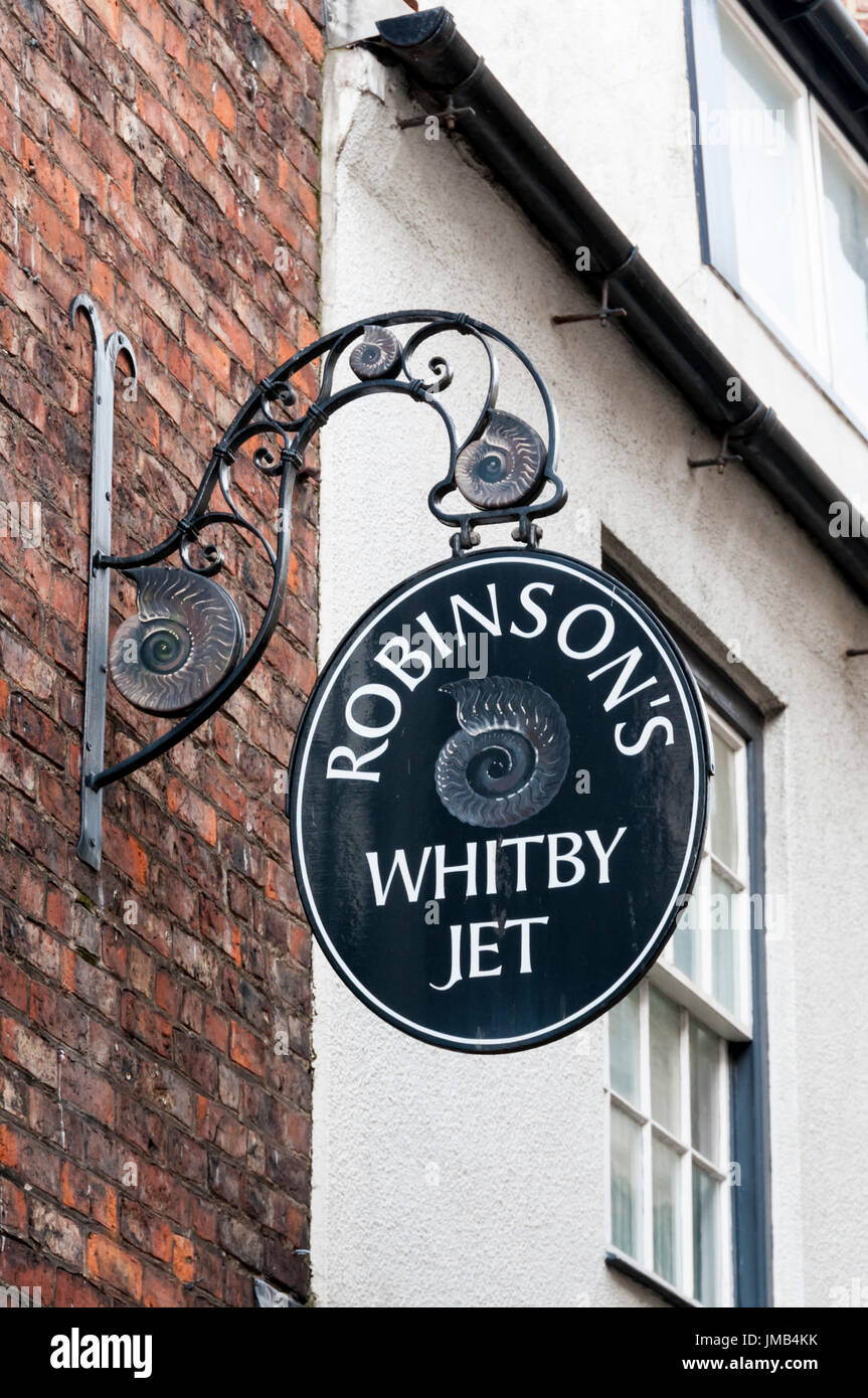 A sign for Robinson's Whitby Jet on a shop in Whitby, North Yorkshire Stock Photo