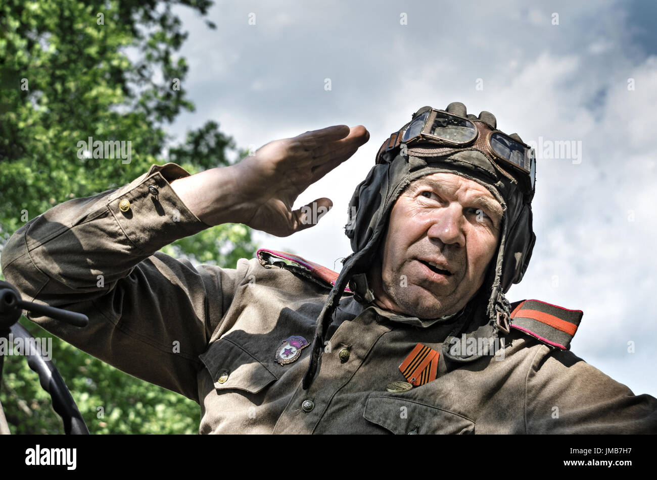 Historical festival in the Republic of Mordovia, Russia, July 4, 2015. Portrait of a red army soldier in helmet. Stock Photo