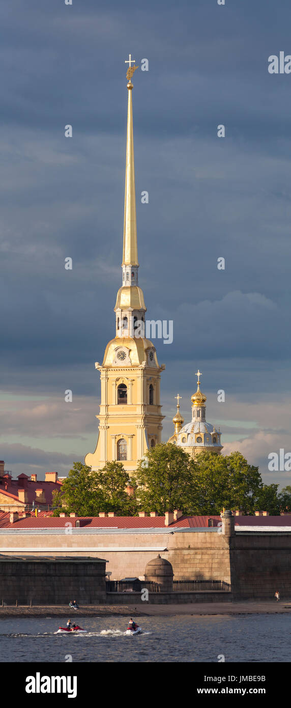 The spire of the bell tower in the Peter and Paul Fortress in St. Petersburg Stock Photo