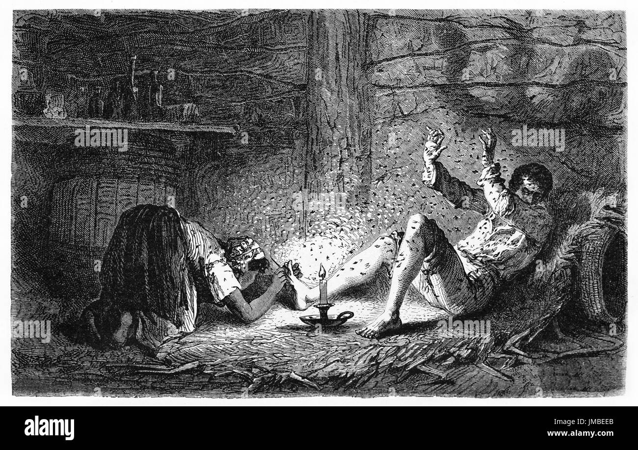 Indigenous woman removes parasites from the foot of an explorer while nocturnal insects swarming attracted to light. Art by Maurand, 1861 Stock Photo