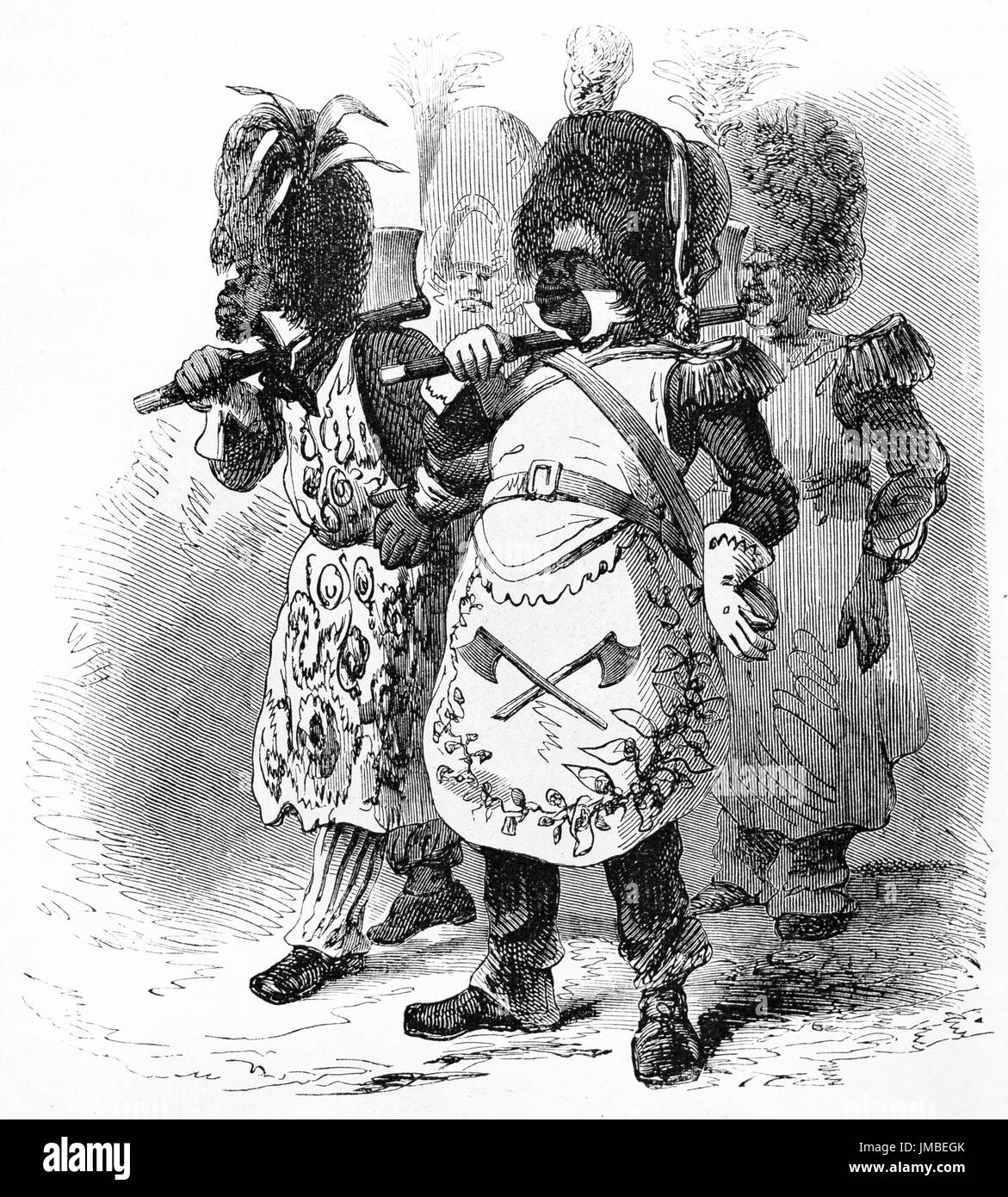 grotesque black men freaky dressed with strange big hats. Rio de Janeiro National guard sappers. Ancient grey tone etching style art by Riou, 1861 Stock Photo