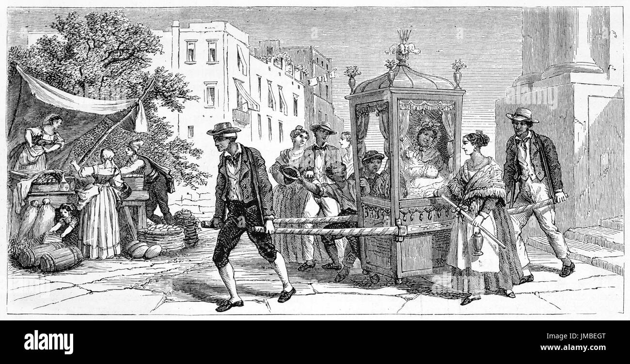 Rich woman transported outdoor by sedan chair along Naples streets, Italy, surrounded by everyday life. Etching style art by Ferogio, 1861 Stock Photo
