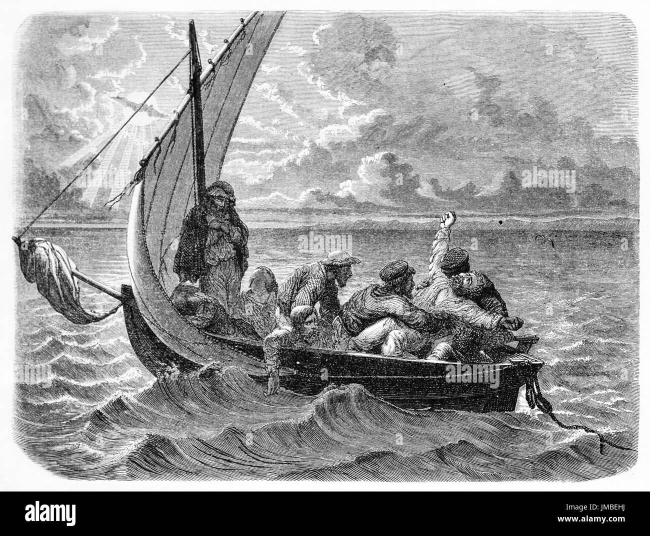 small sail boat adrift on the high seas, Saint-Paul (french vessel) exhausted shipwrecked sailors on lifeboat. Art by Hadamard and Bertrand, 1861 Stock Photo