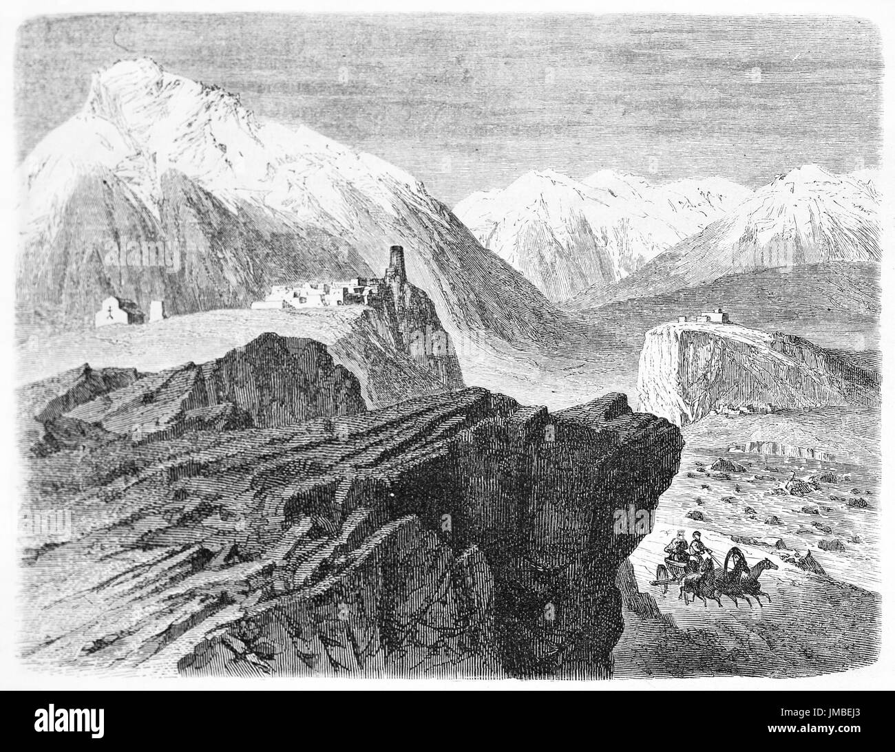 village on top of a rock surrounded by huge mountainscape Sioni and Orsete villages, Georgia. Ancient grey tone etching style art by Blanchard, 1861 Stock Photo