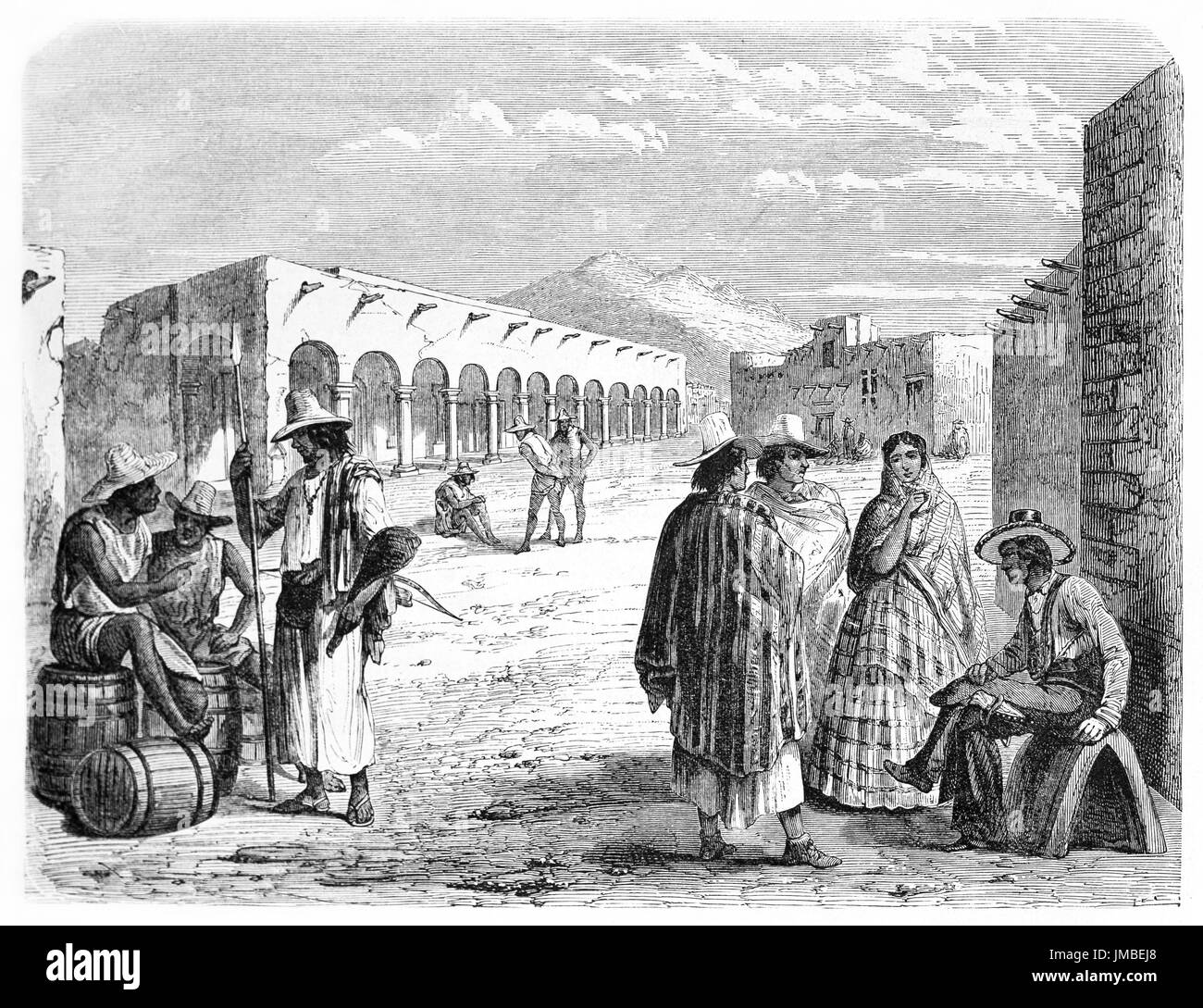 mexican people in their everyday life in Slaughter square in Chihuahua, Mexico. Ancient grey tone etching style art by Maurand, Le Tour du Monde, 1861 Stock Photo