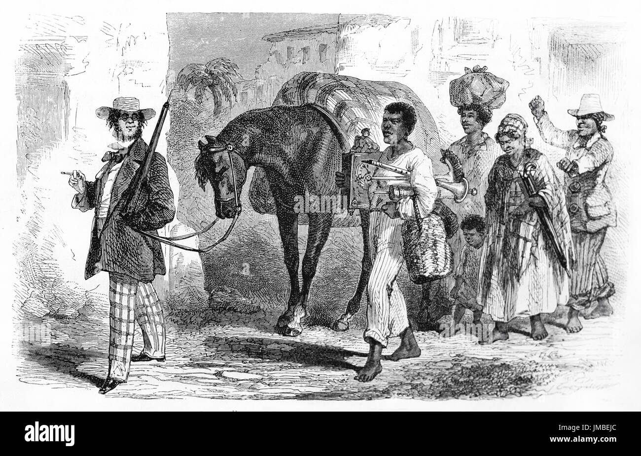 slaves seller pulling mule in Rio de Janerio leading women, men and children somewhere outdoor. Ancient grey tone etching style art by Trichon, 1861 Stock Photo