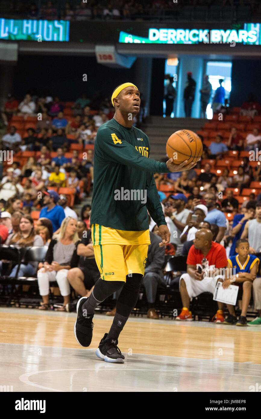 Derrick Byars #4 Ball Hogs holds basketball out by free throw line to take shot practice before Game #1 against Power Big3 Week 5 3-on-3 tournament UIC Pavilion July 23,2017 Chicago,Illinois. Stock Photo