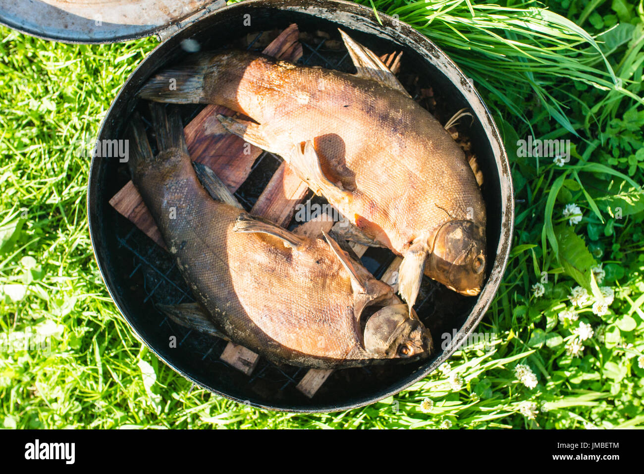 Fish Smoking Process For Home Use. Smoked fish. Close Up Smoking Process Fish In Smoking Shed For Home Use. Smoke from the open fire Stock Photo