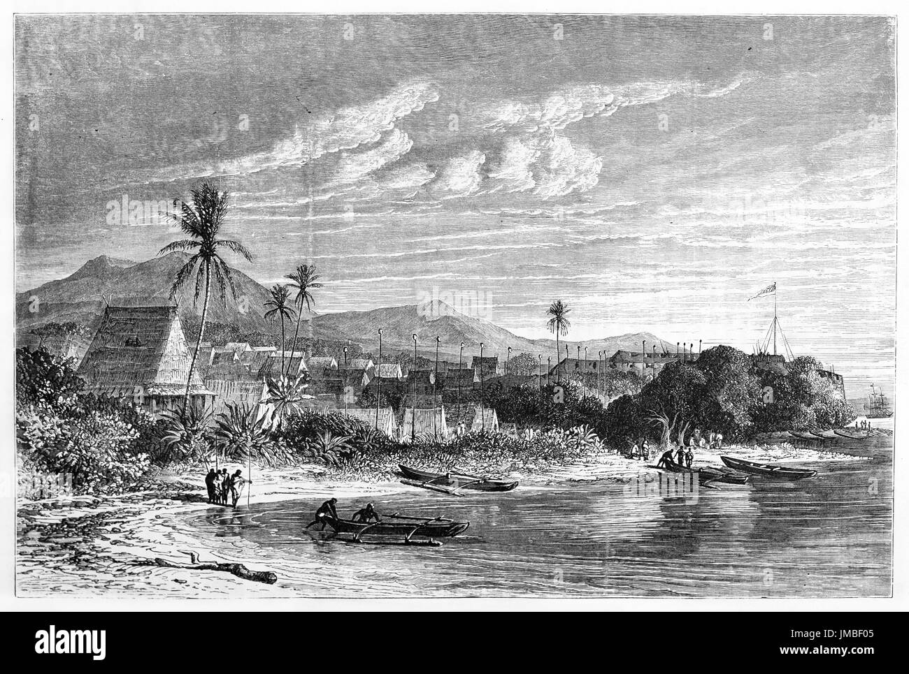 calm sunset and sea on african shore where is Toamasina, chief seaport in Madagascar. Ancient grey tone etching style art by Bérard, 1861. Stock Photo