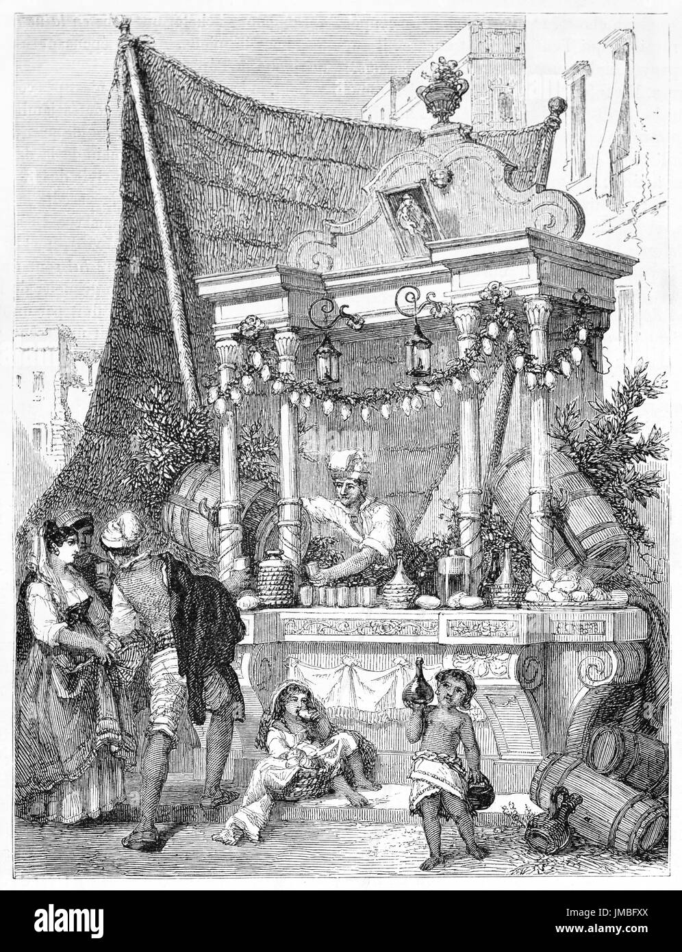 Neapolitan lemon water seller richly decorated kiosk outdoor in the city streets. Etching style art by Ferogio, Le Tour du Monde, 1861 Stock Photo