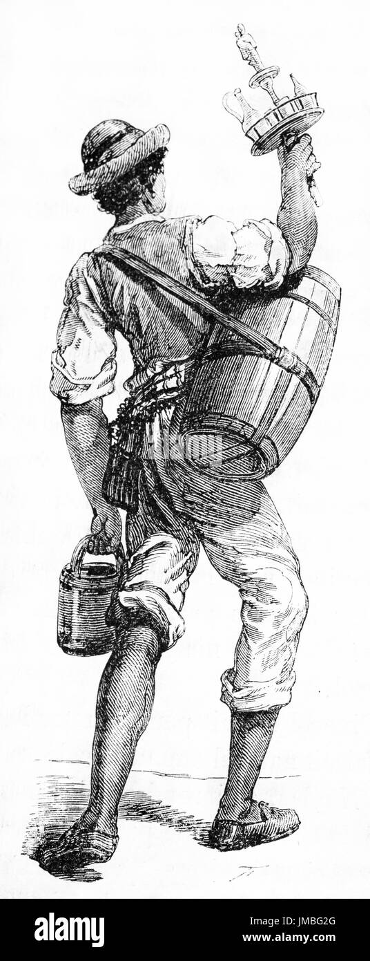 Isolated single Neapolitan water seller viewed from back holding a barrel and carrying his equipment. Etching style art by Ferogio, 1861 Stock Photo