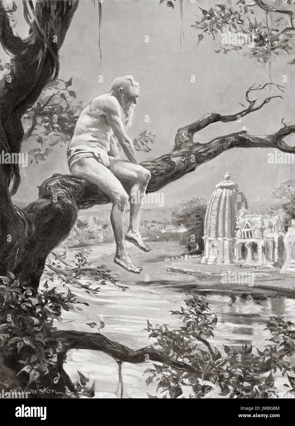 Artist's impression of Dhanga at the end of his reign, after living to be over one hundred years old he abandoned his body at the confluence of the Ganges and Yamuna rivers.  Dhanga, reigned c. 950-999 AD, aka Dhaṇgadeva.  King of the Chandela dynasty of India.  After the painting by Margaret Dovaston (1884-1954).  From Hutchinson's History of the Nations, published 1915. Stock Photo
