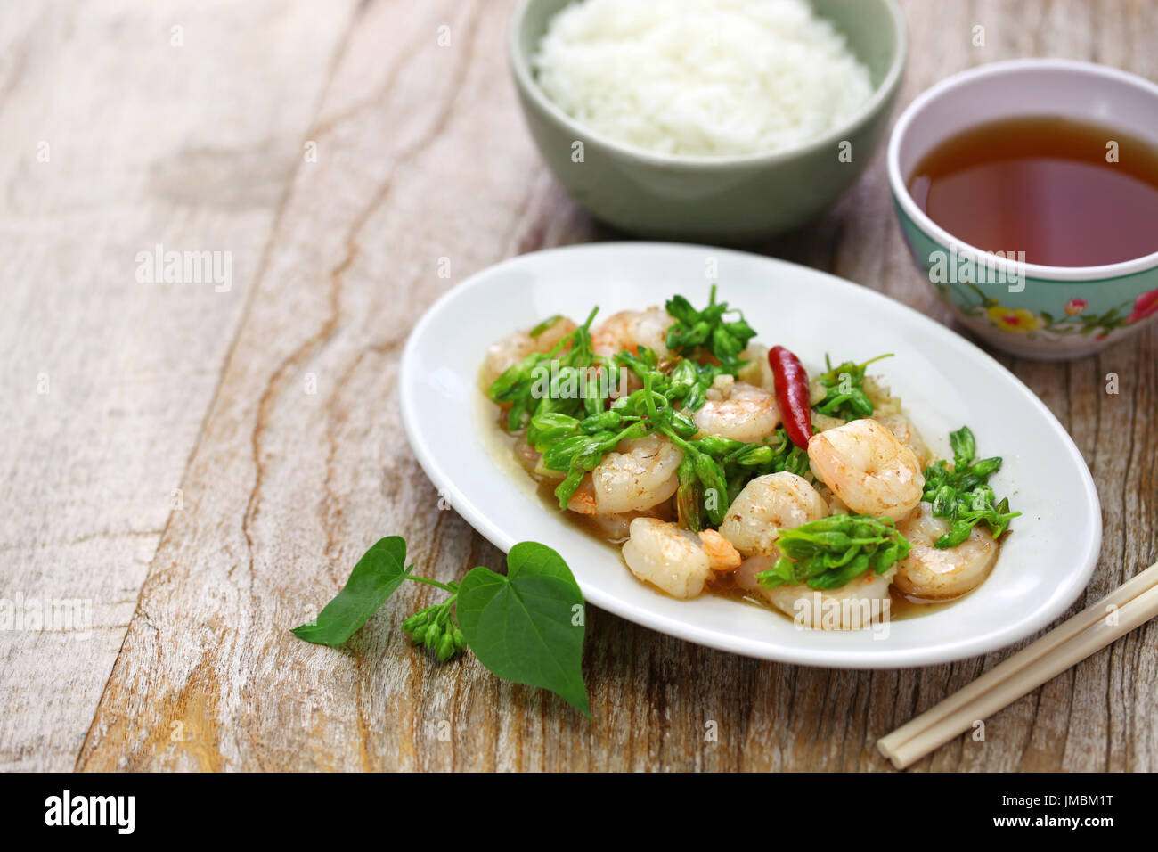 stir-fried Tonkin jasmin flowers and shrimp, vietnamese cuisine Stock Photo
