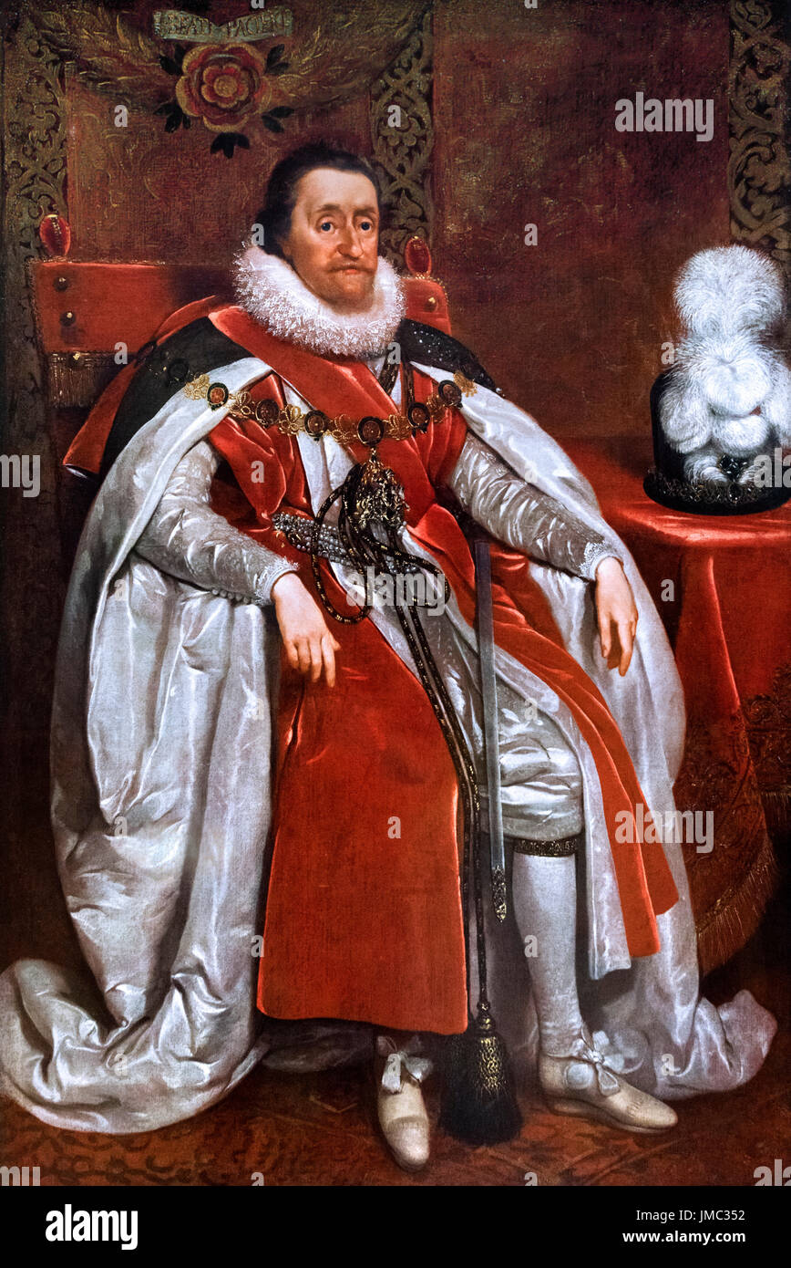 James I. Portrait of King James I of England and VI of Scotland by Daniel Mytens, 1621 Stock Photo