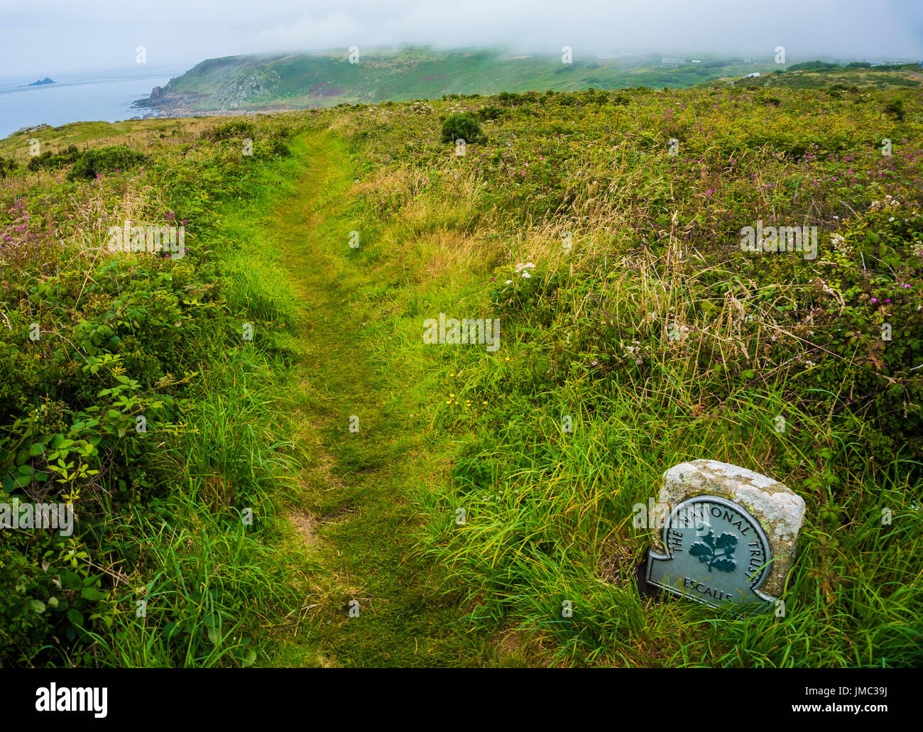 Wide angle shot of country and coast landscape with The National Trust Escalls sign, Cornwall, England Stock Photo