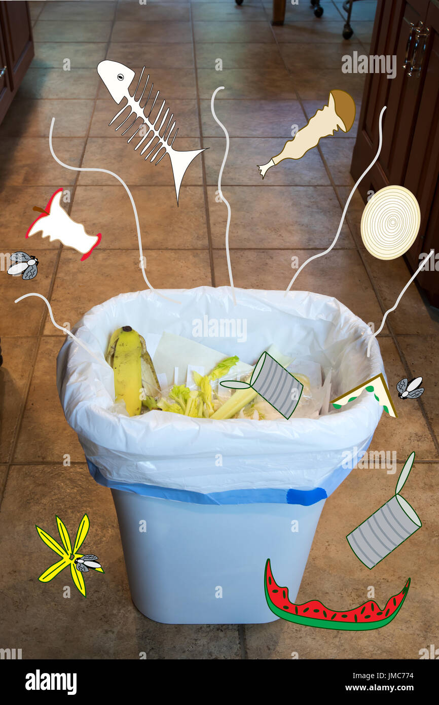 Kitchen trash can with illustrated wafting smells inside home Stock