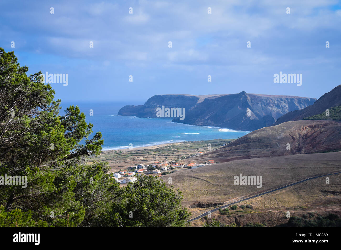 Landscape of Porto Santo from Pico Ana de Ferrira with Island da Cal in the background Stock Photo