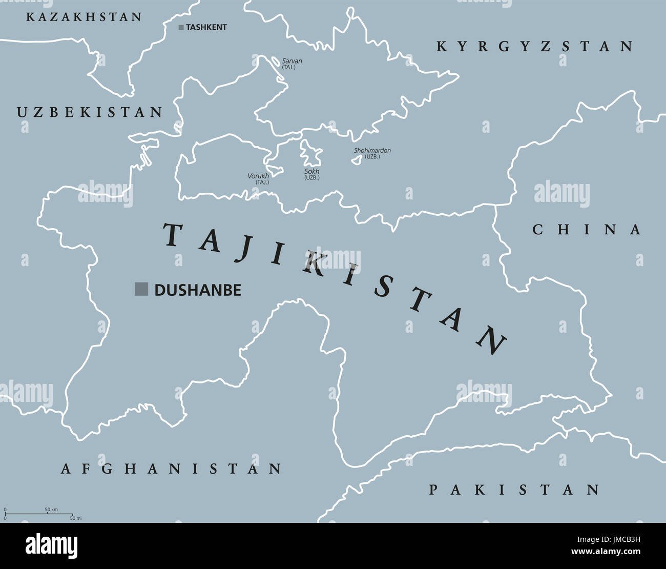 Tajikistan political map with capital Dushanbe and borders. Republic and landlocked country in Central Asia. Gray illustration. English labeling. Stock Photo