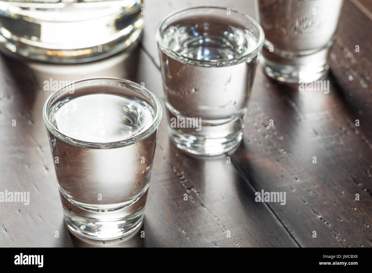 Clear Alcoholic Russian Vodka Shots Ready to Drink Stock Photo