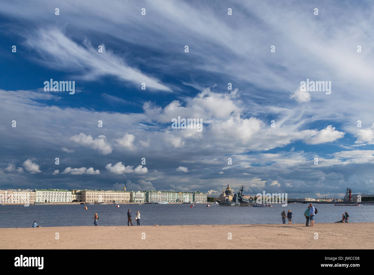 The beach on the river was not near the Peter and Paul Fortress and Beautiful clouds Stock Photo