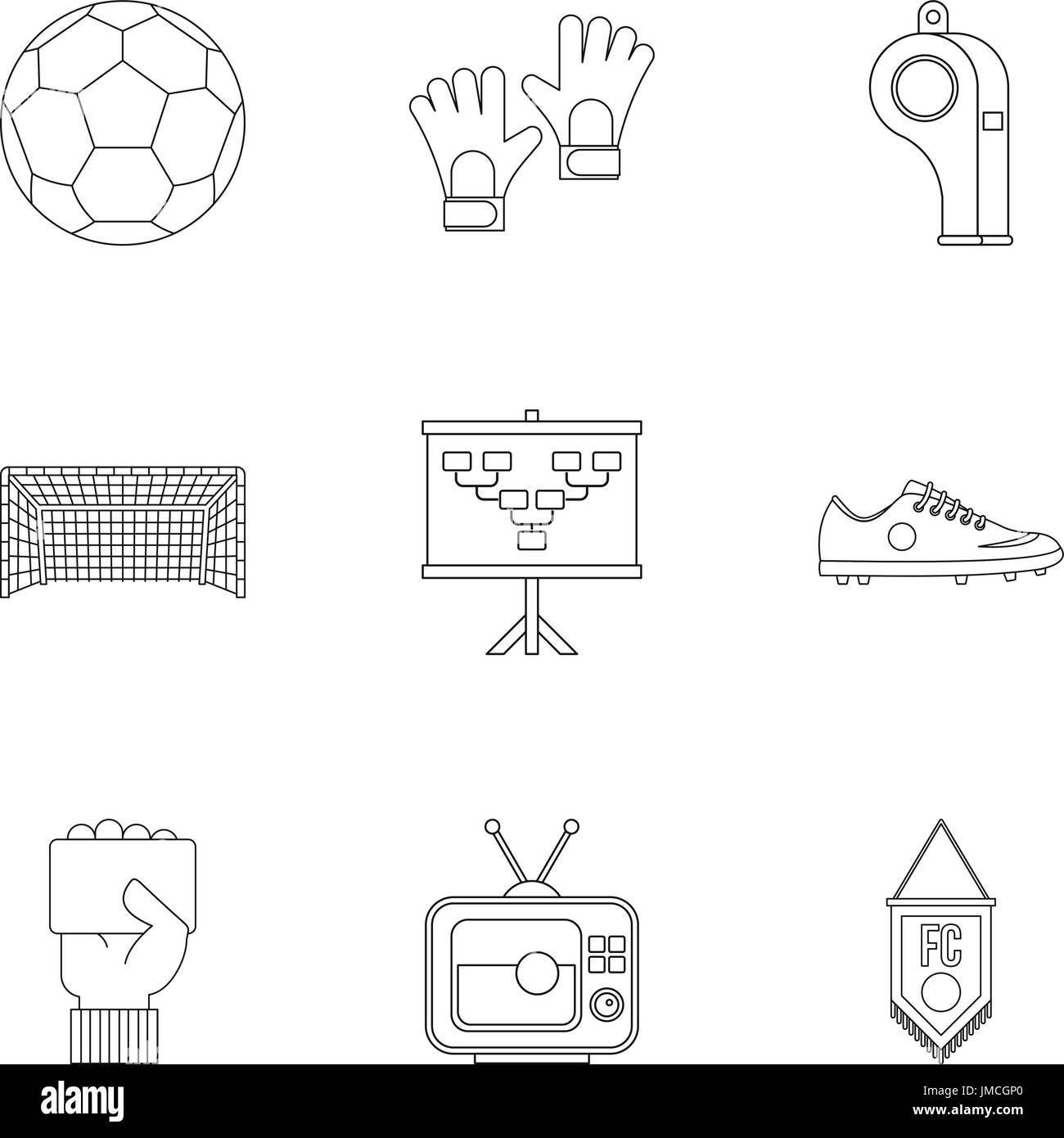 Football equipment icons set, outline style Stock Vector