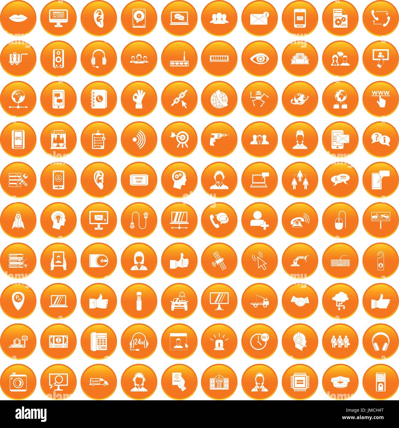 100 call center icons set orange Stock Vector
