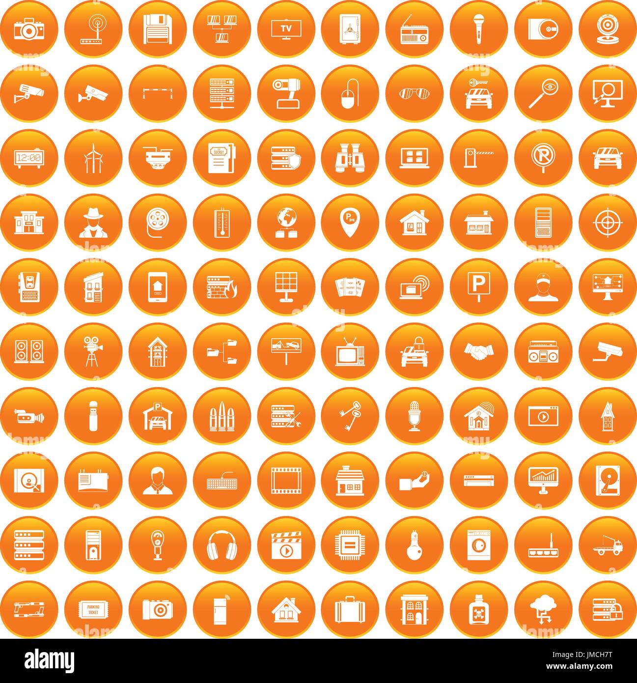 100 camera icons set orange Stock Vector