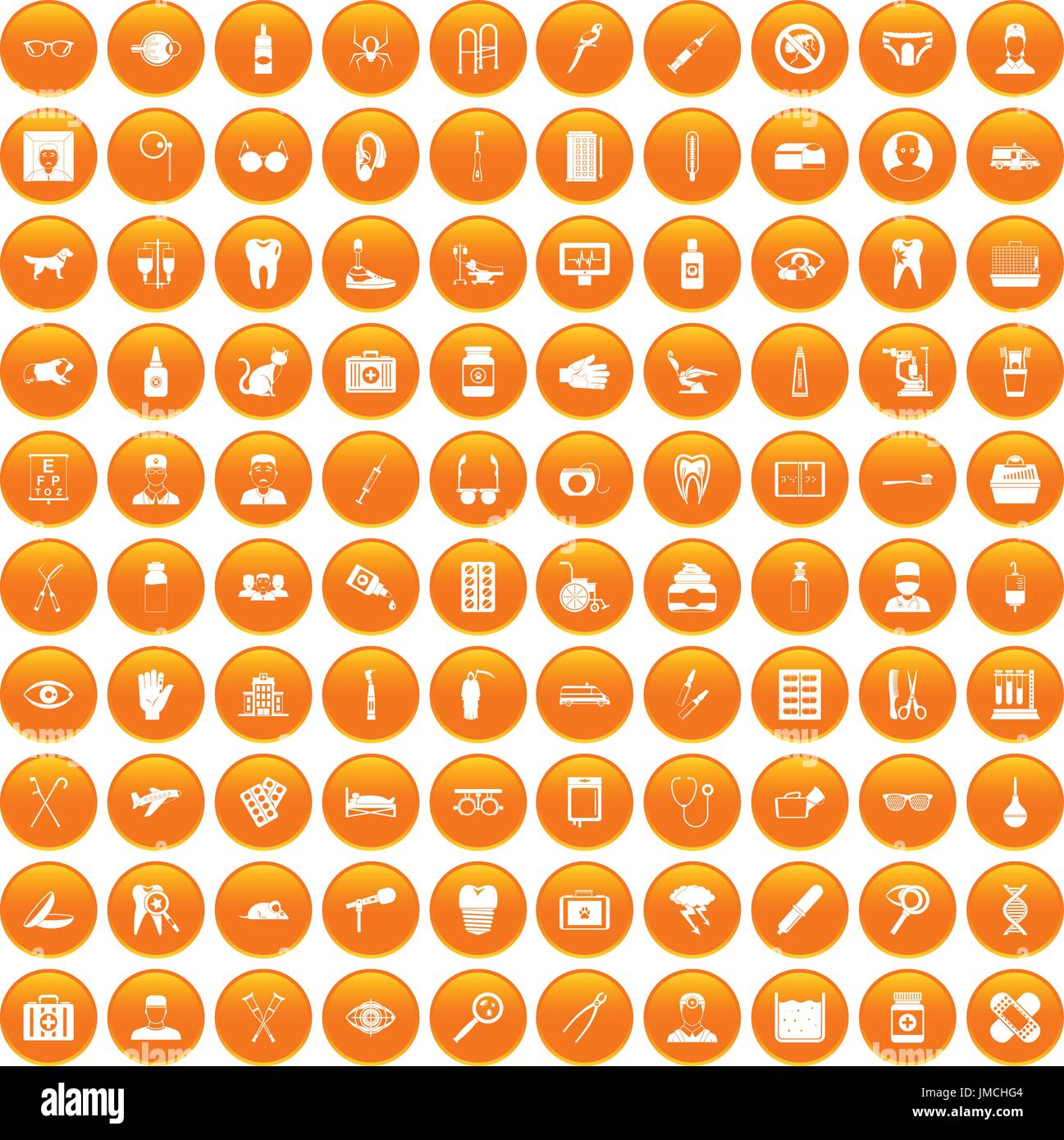 100 care icons set orange Stock Vector