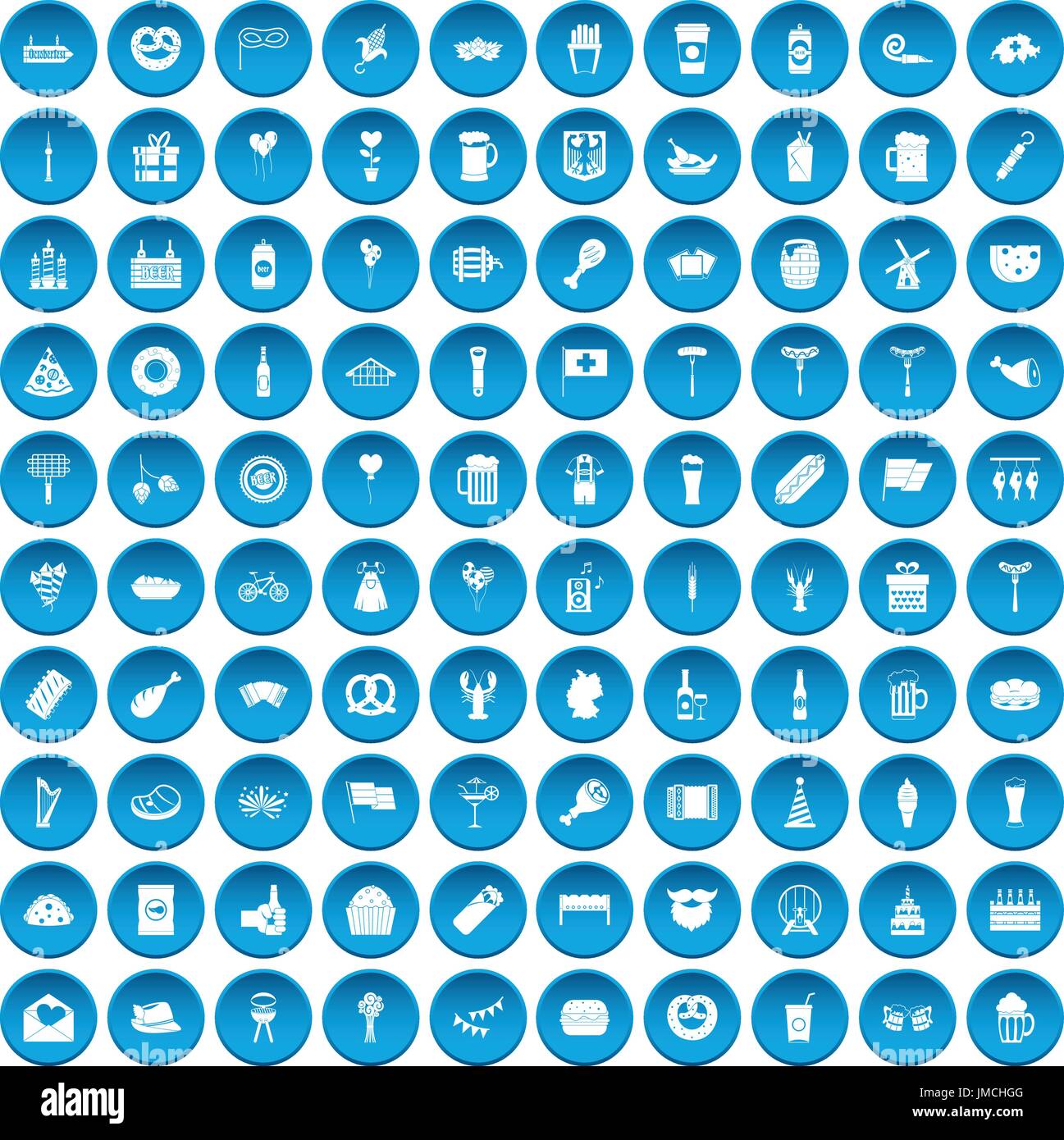 100 beer party icons set blue Stock Vector