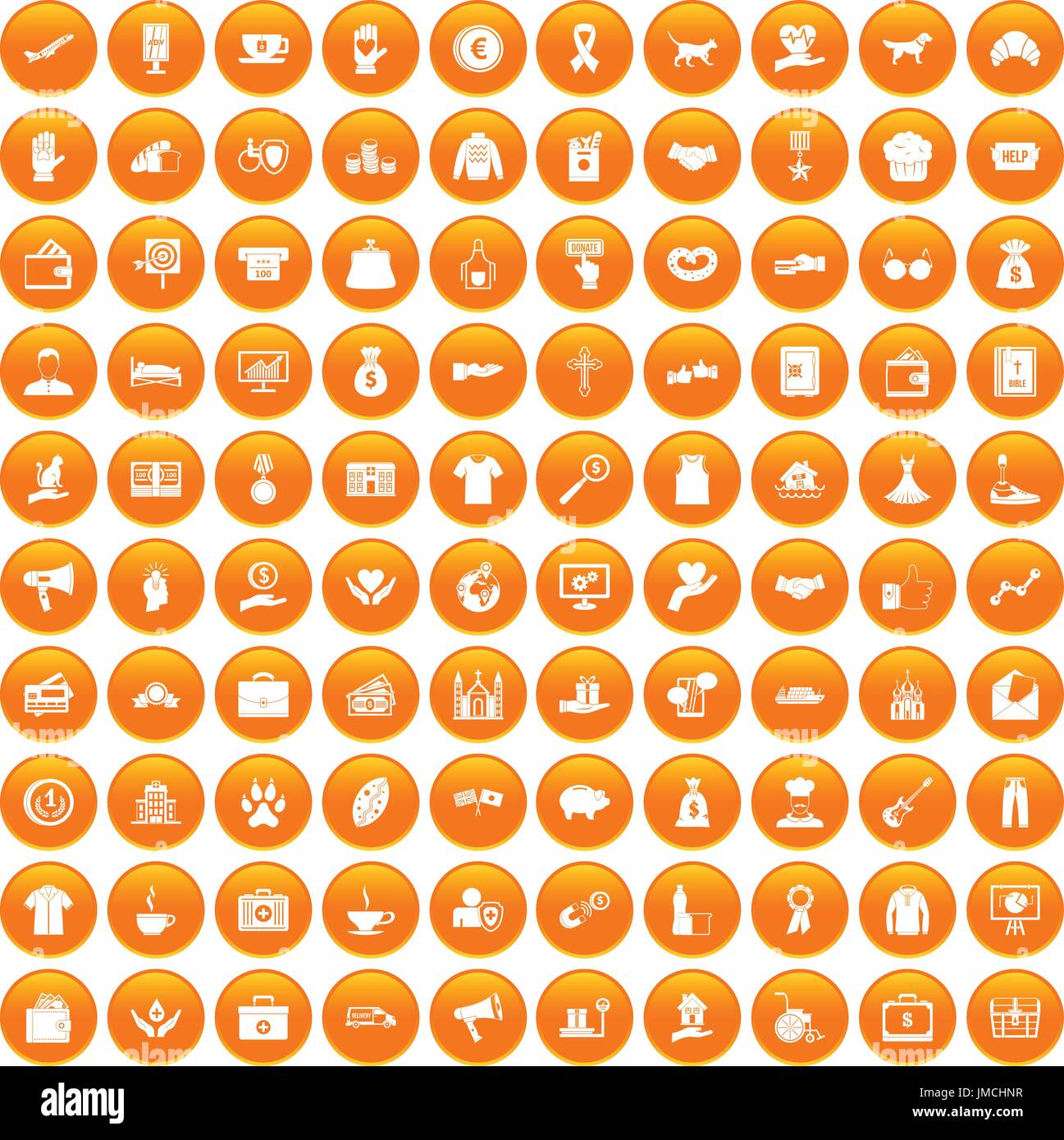100 charity icons set orange Stock Vector