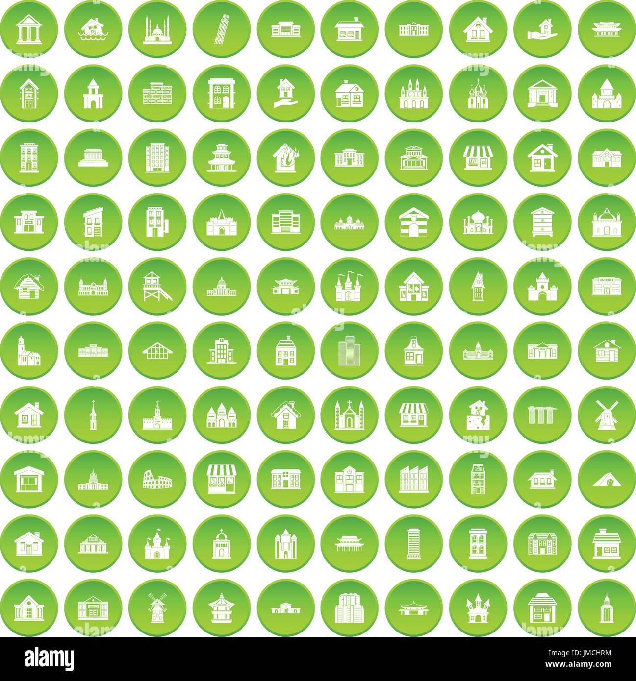 100 building icons set green Stock Vector