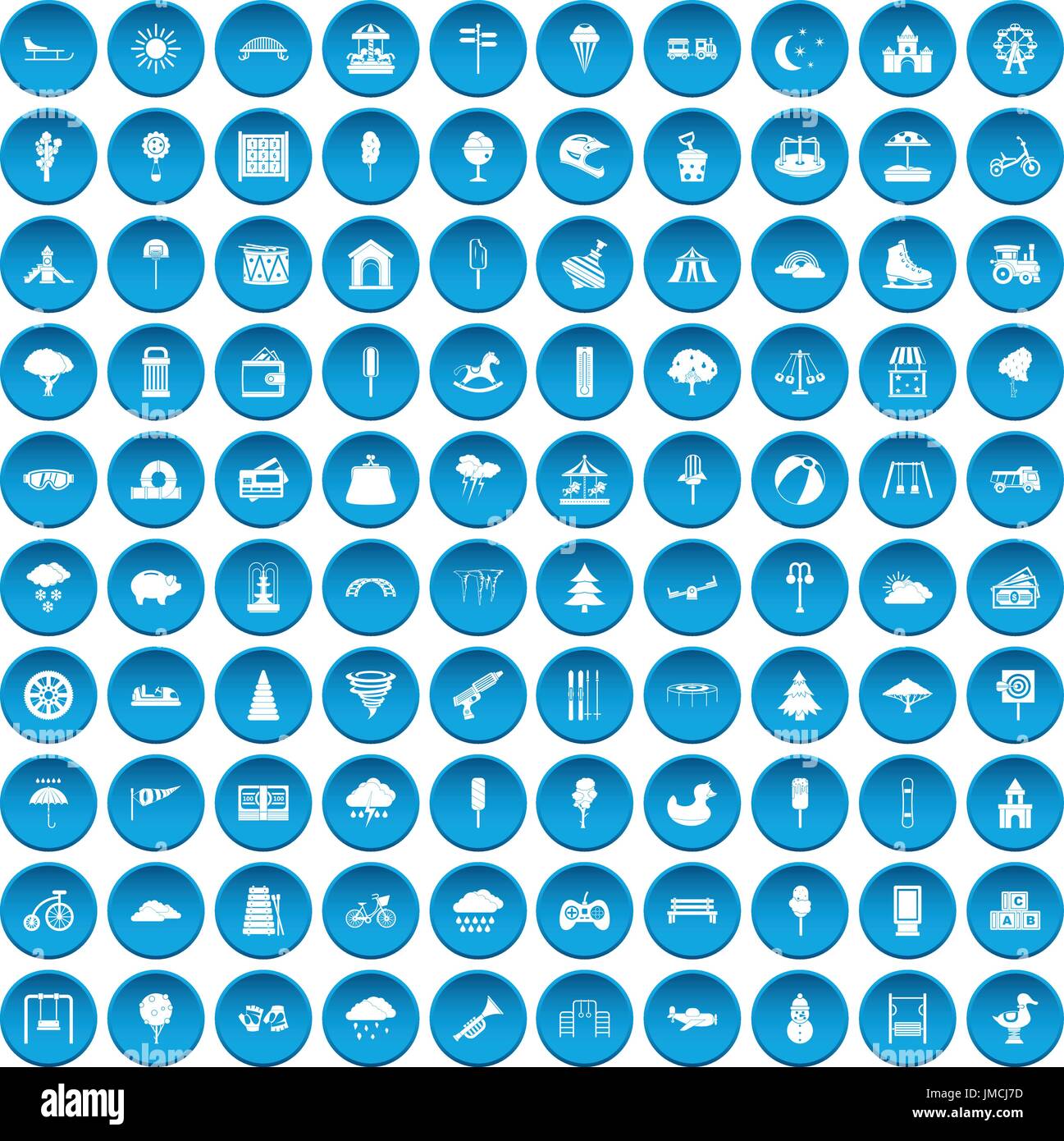 100 childrens park icons set blue Stock Vector