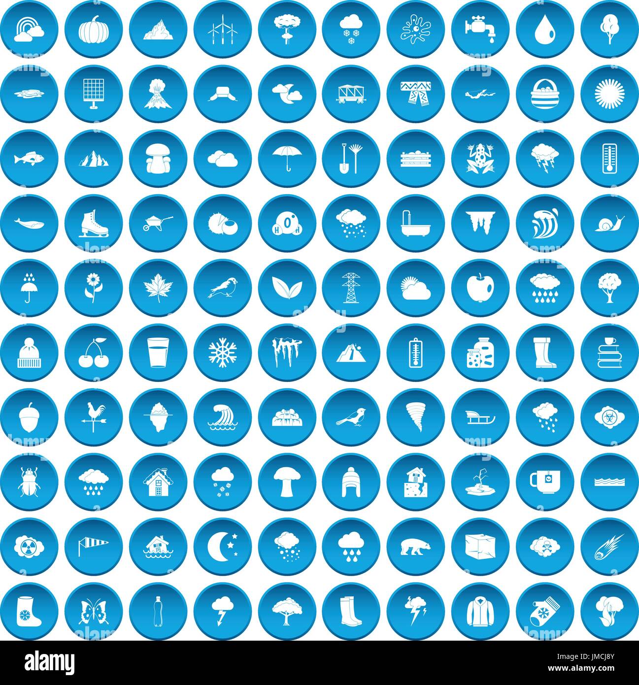 100 clouds icons set blue Stock Vector