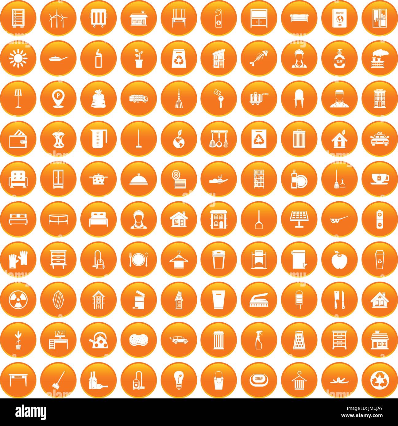 100 cleaning icons set orange Stock Vector