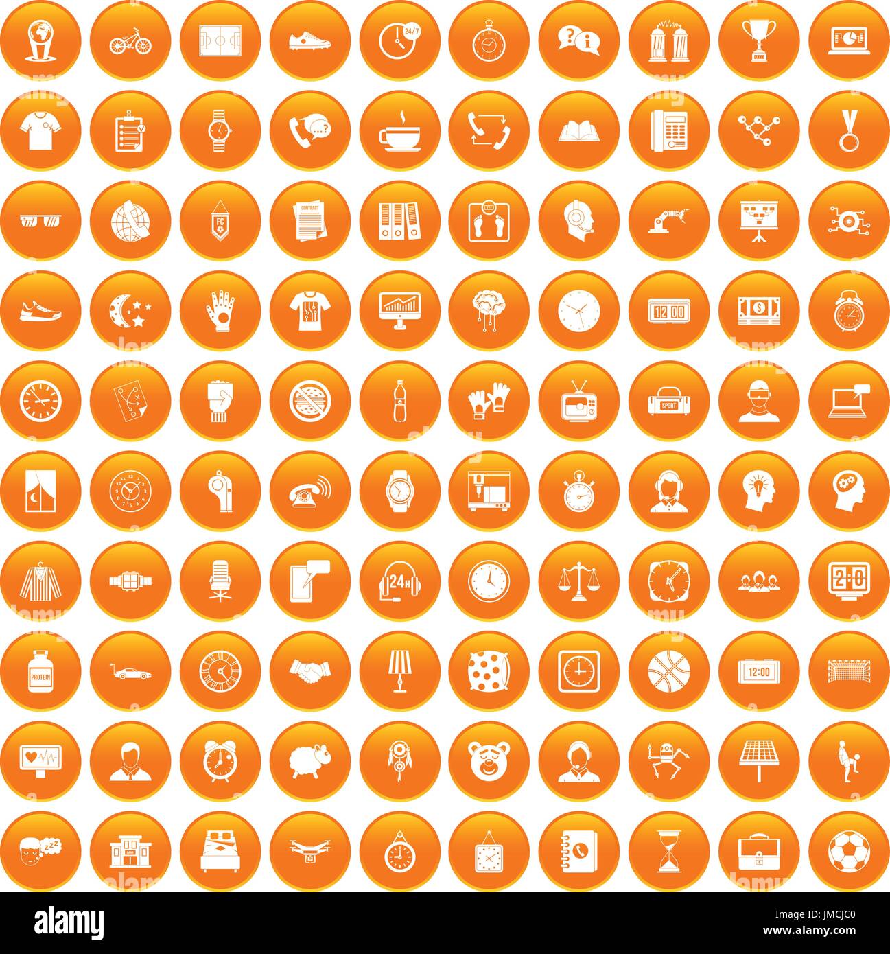 100 clock icons set orange Stock Vector