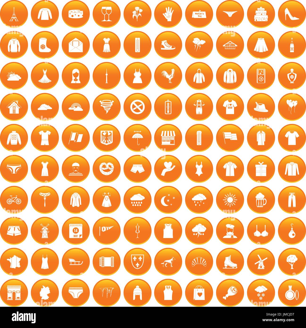100 clothing icons set orange Stock Vector