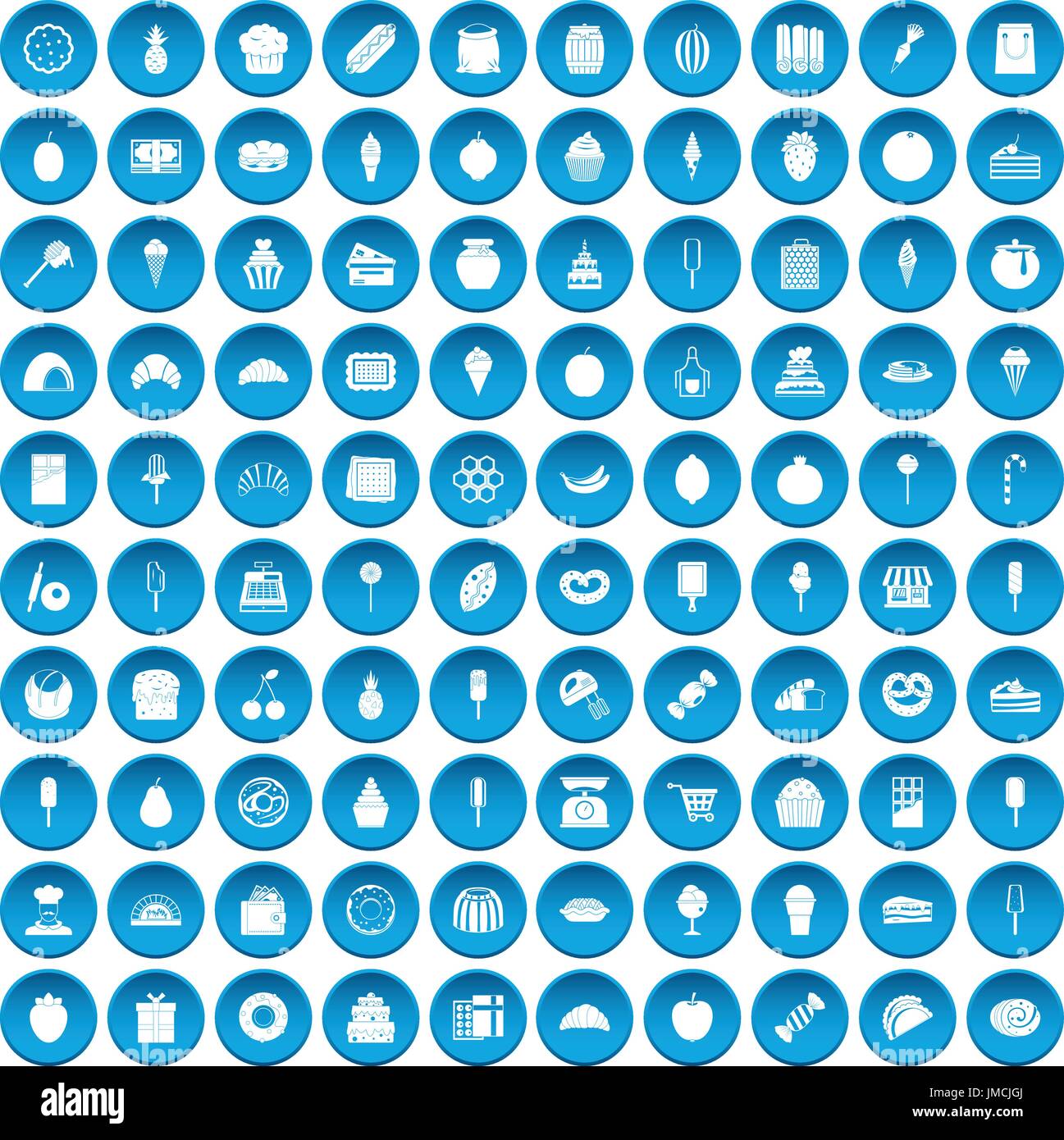 100 confectionery icons set blue Stock Vector