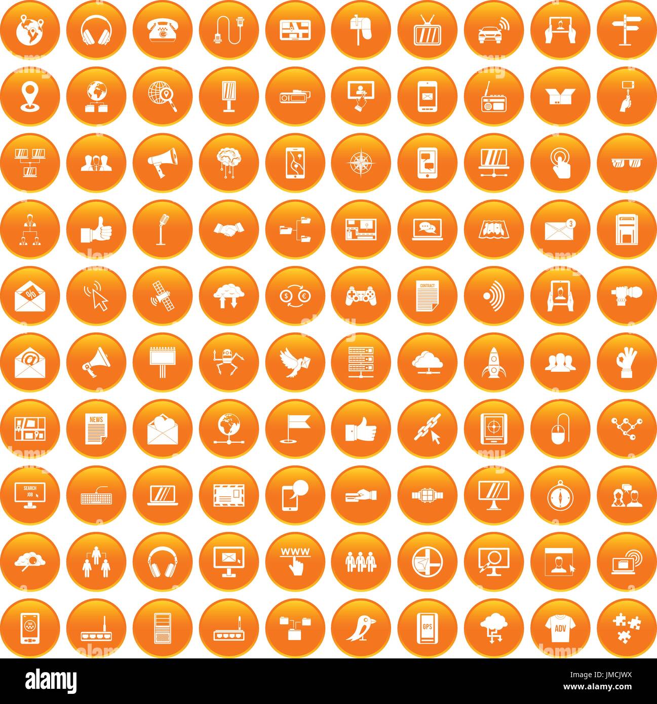 100 communication icons set orange Stock Vector