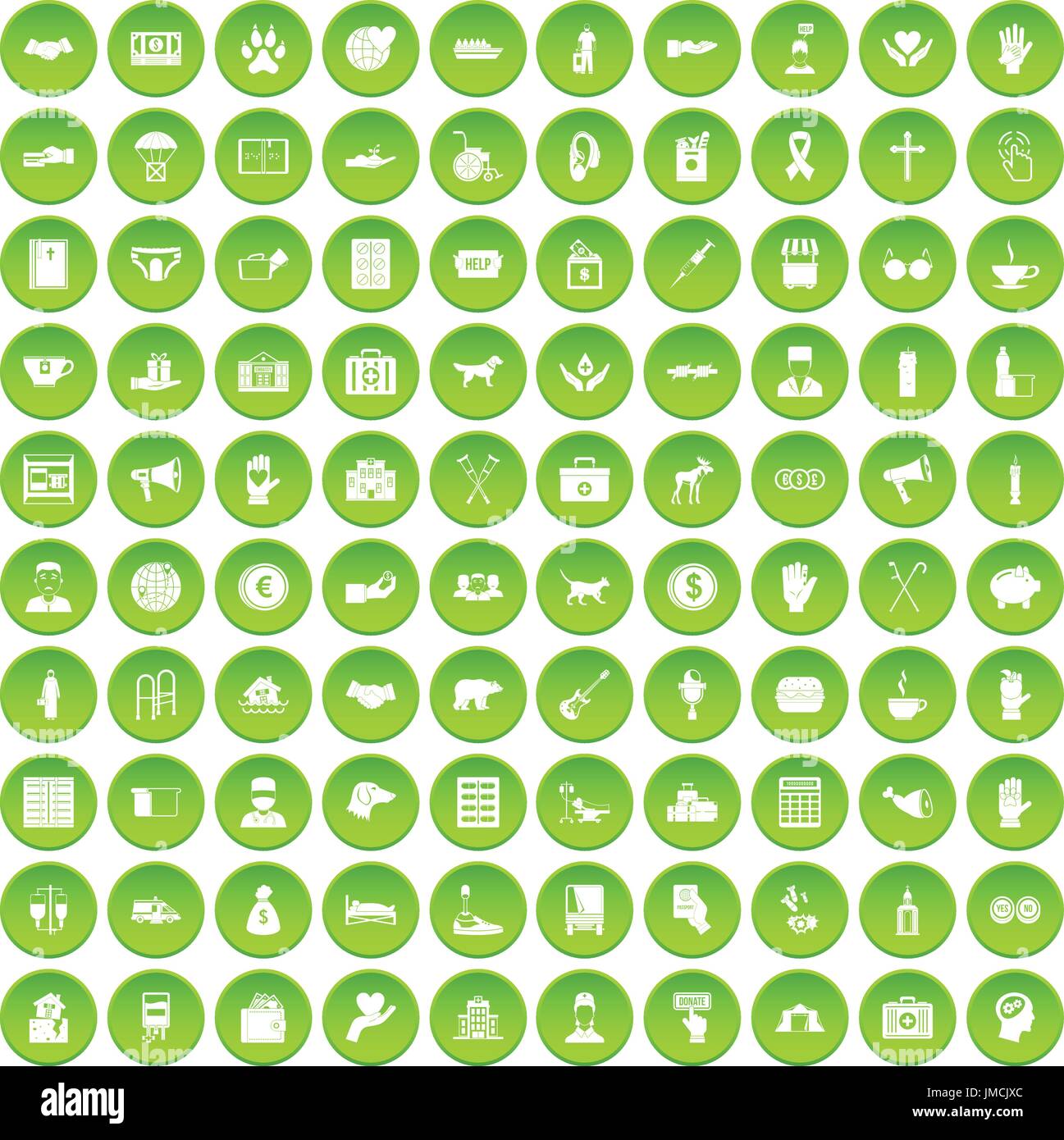 100 donation icons set green Stock Vector
