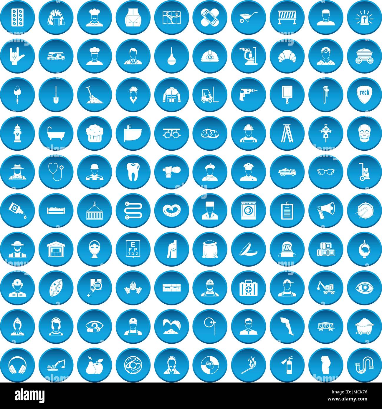 100 different professions icons set blue Stock Vector
