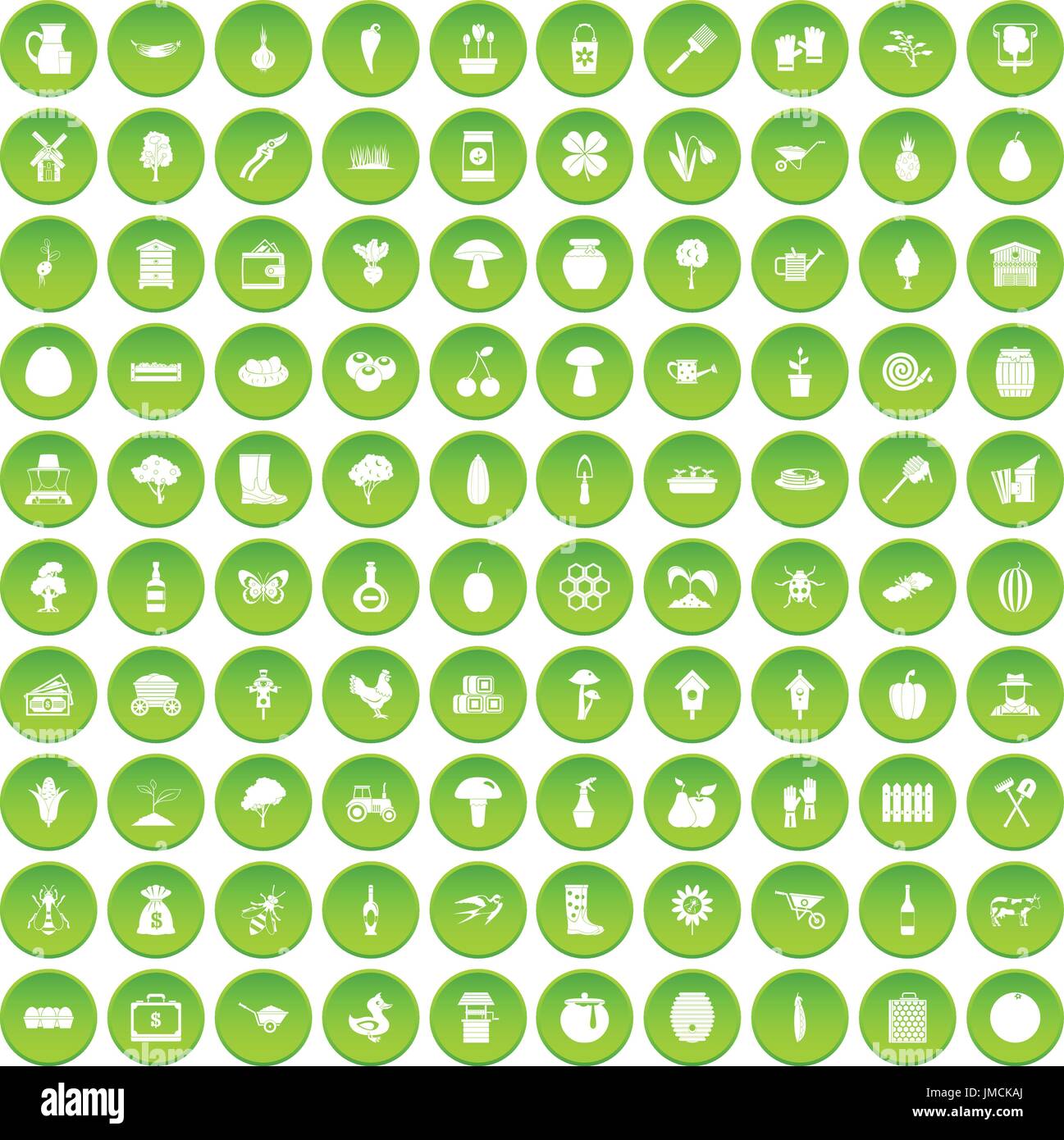 100 farming icons set green Stock Vector