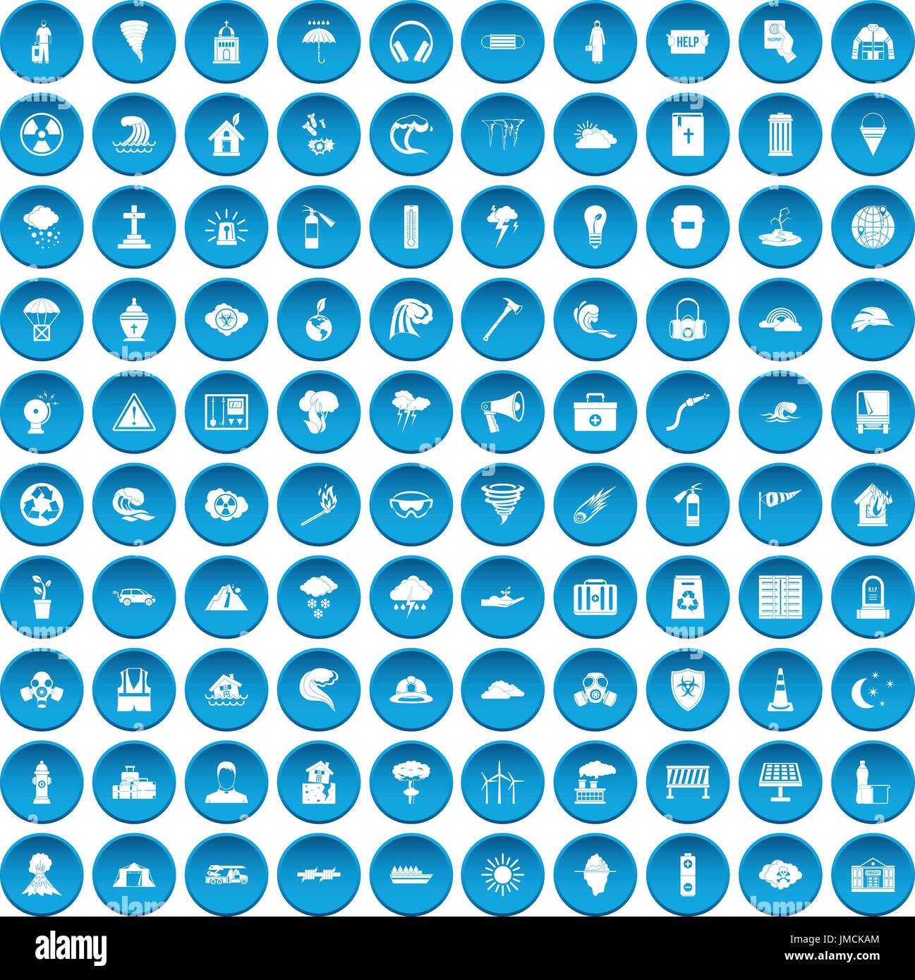 100 disaster icons set blue Stock Vector
