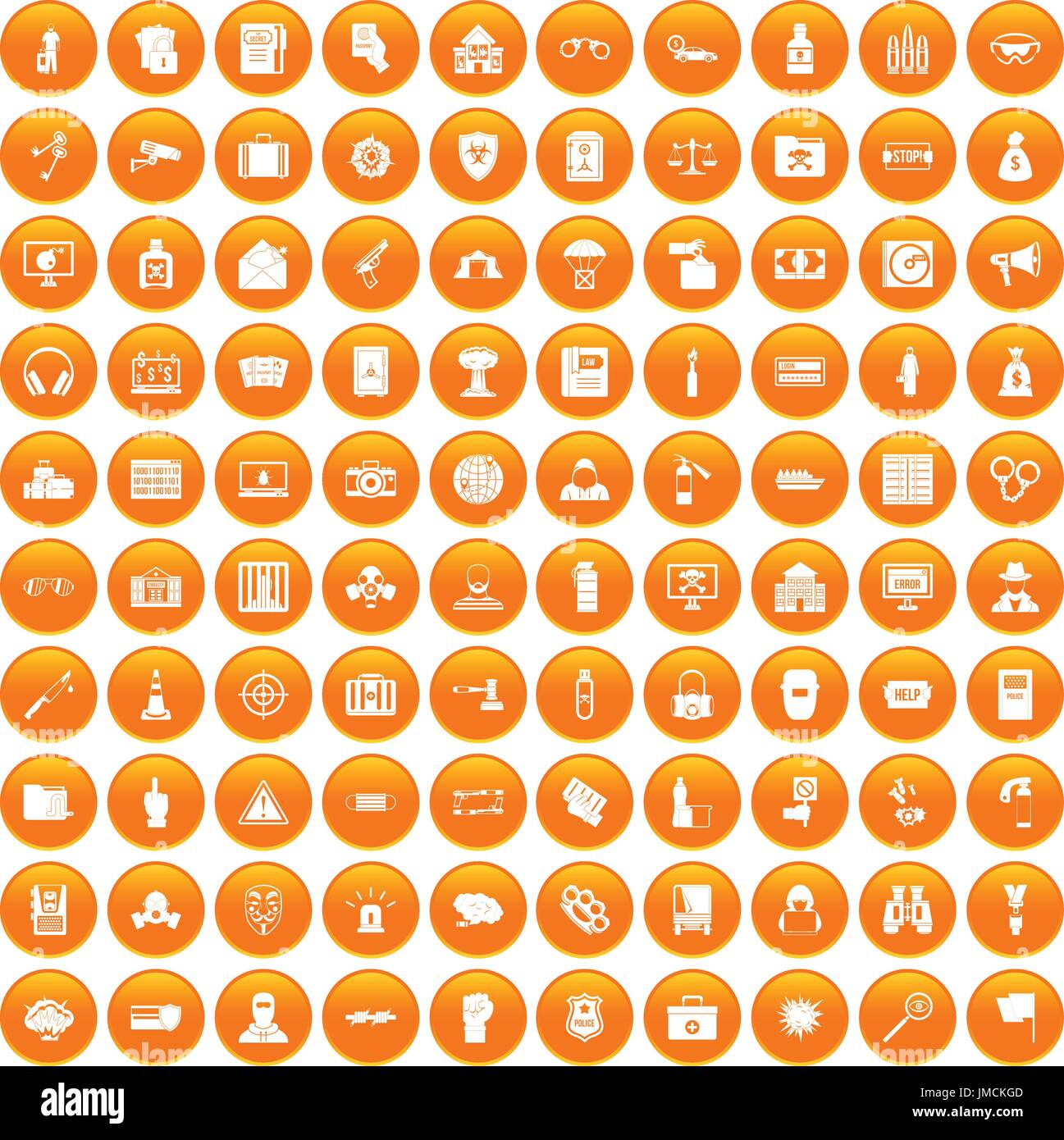 100 crime icons set orange Stock Vector
