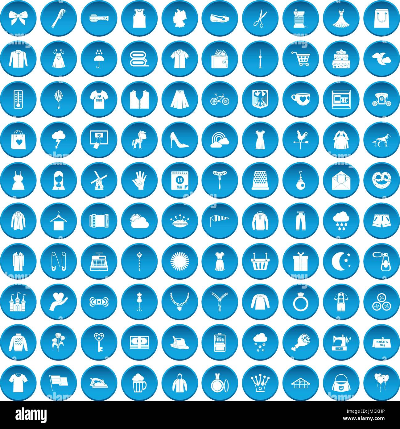 100 dress icons set blue Stock Vector