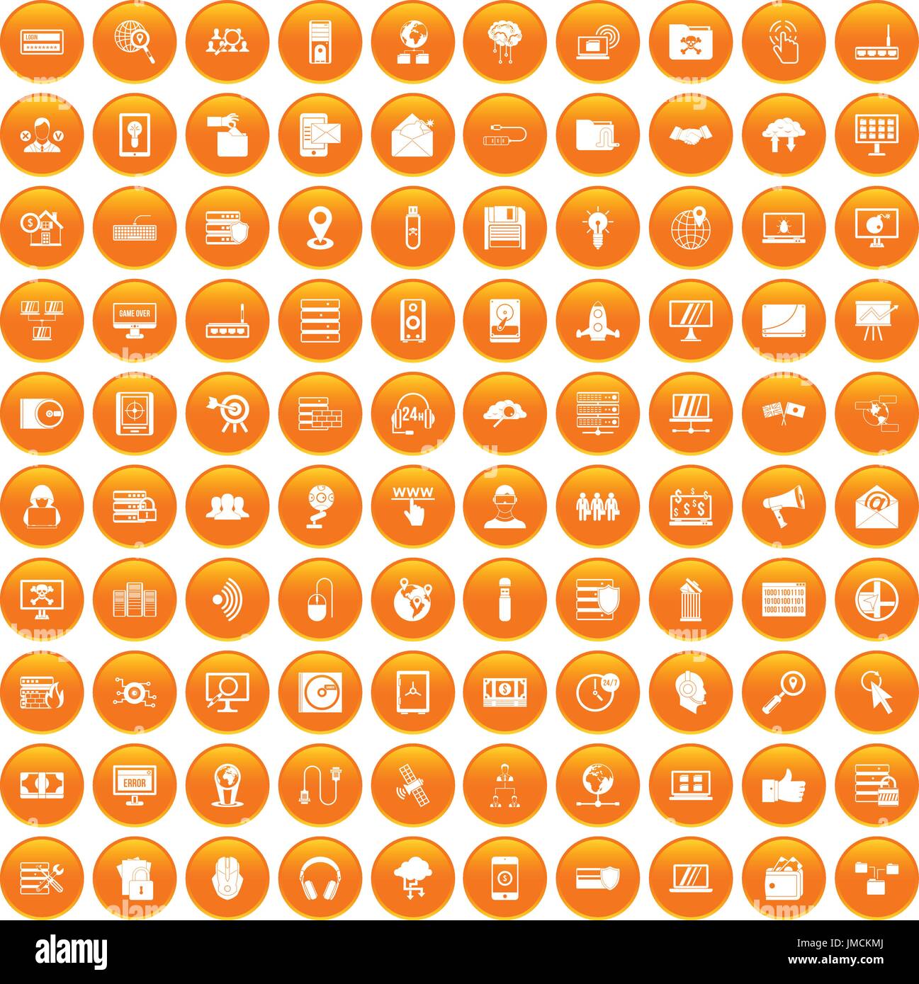 100 cyber security icons set orange Stock Vector
