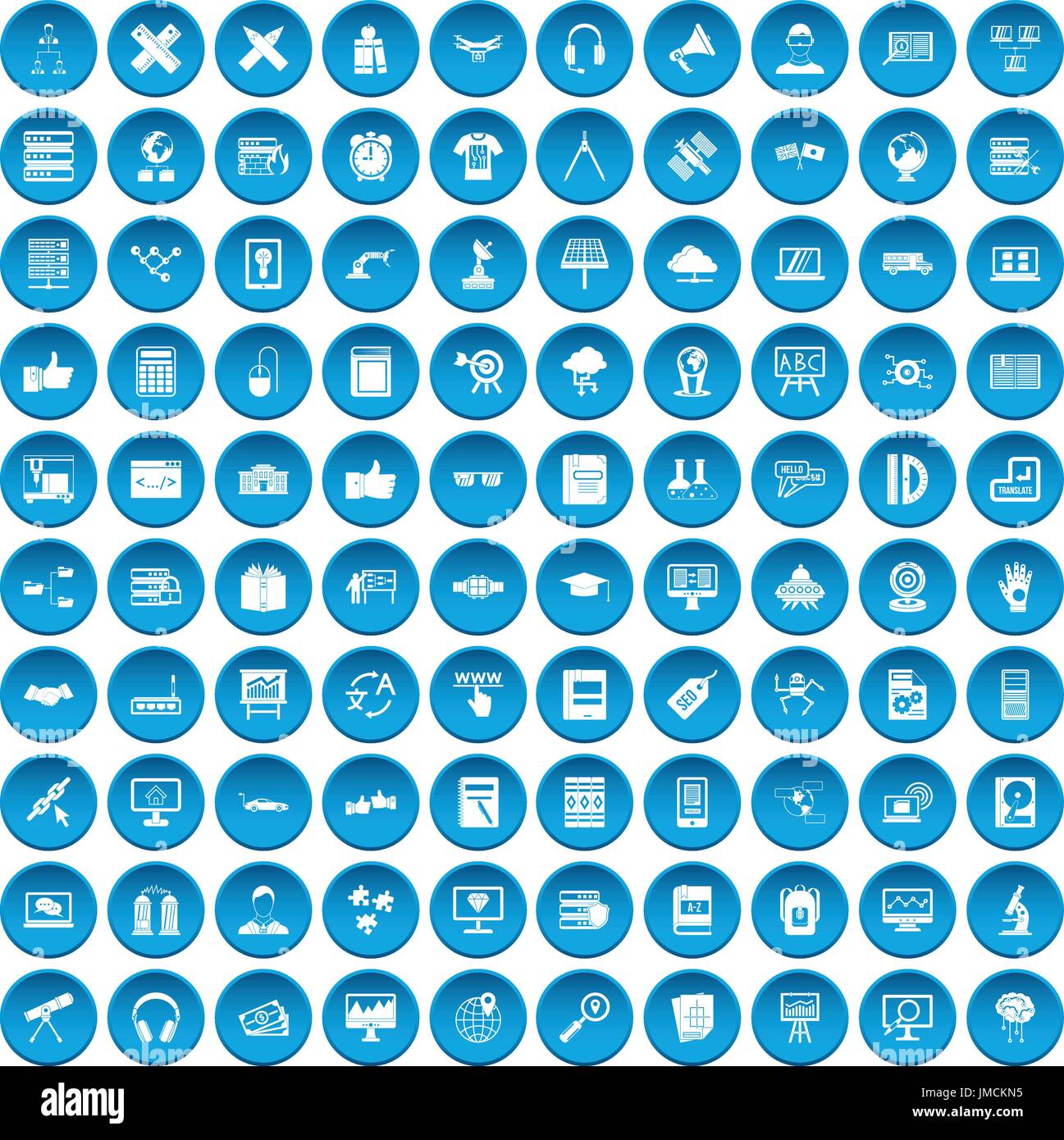 100 education technology icons set blue Stock Vector