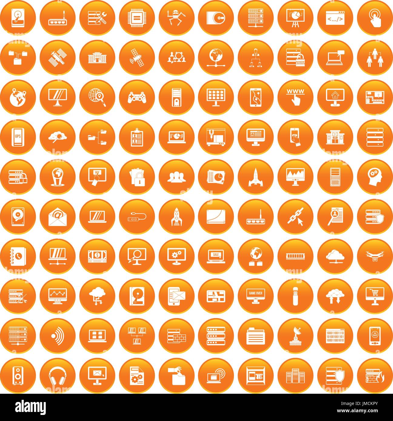 100 database and cloud icons set orange Stock Vector