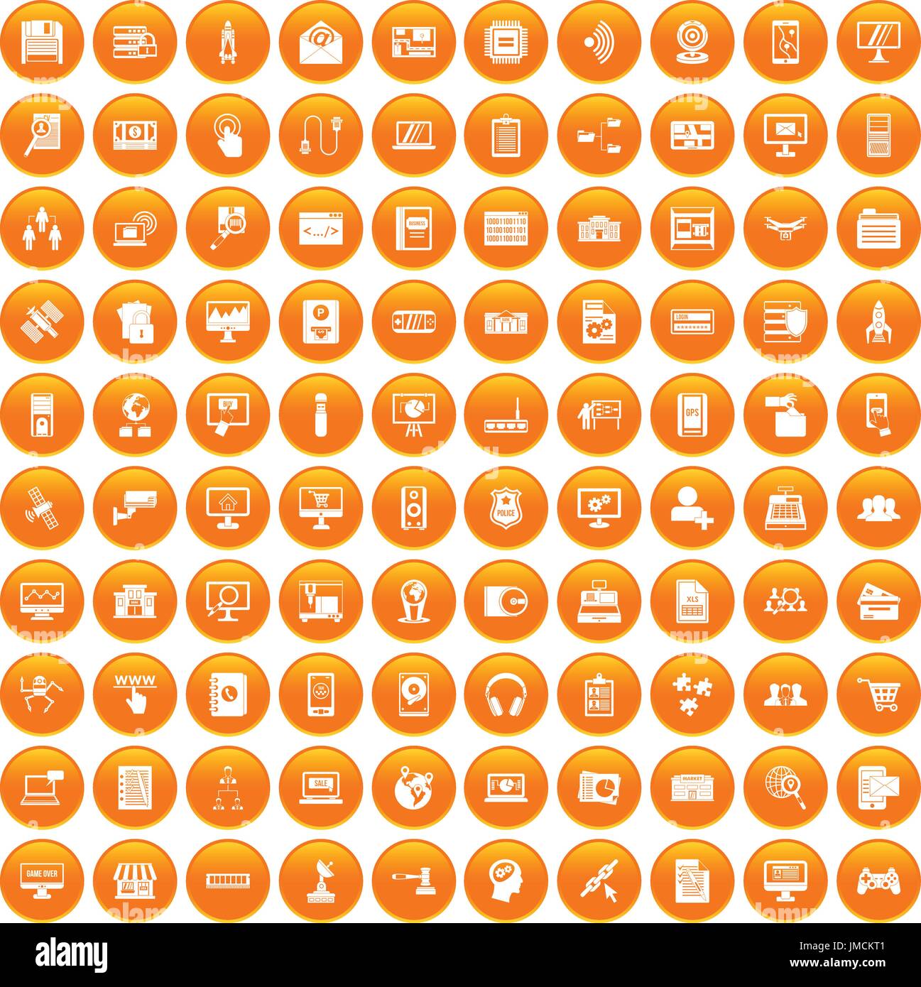 100 database icons set orange Stock Vector